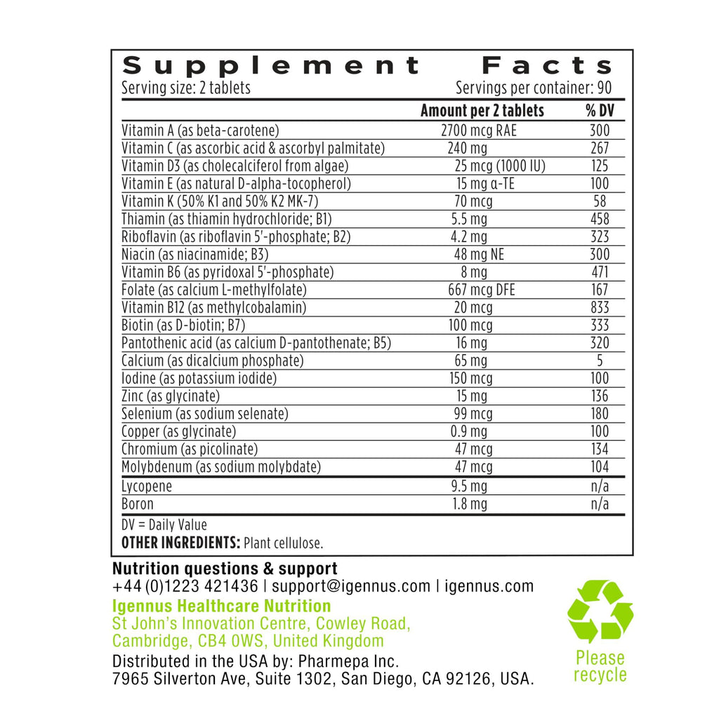 Igennus Methylated Men's Multivitamin with 22 Actives, Added Lycopene for Antioxidant Support, High Potency B12, Sustained Release, Pure & Clean, Non-GMO & Halal, 180 Tablets