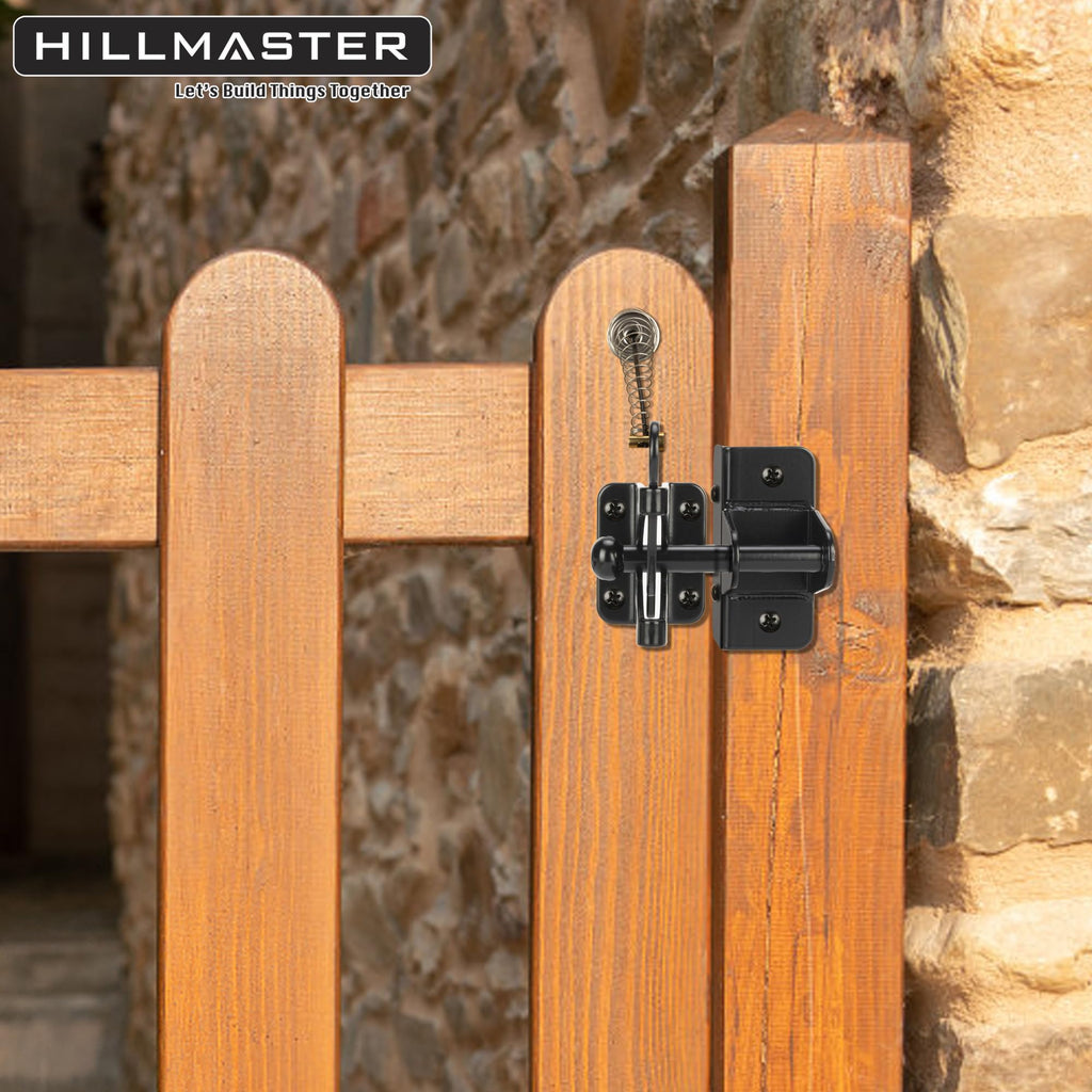 HILLMASTER Self Locking Gate Latch for Wooden Fence with Steel Spring Cable Pull,Heavy Duty Gravity Fence Latch for Metal Gates,Vinyl Fence,Gate Hardware Gate Door Lock for Outdoor Pool,Black Finish
