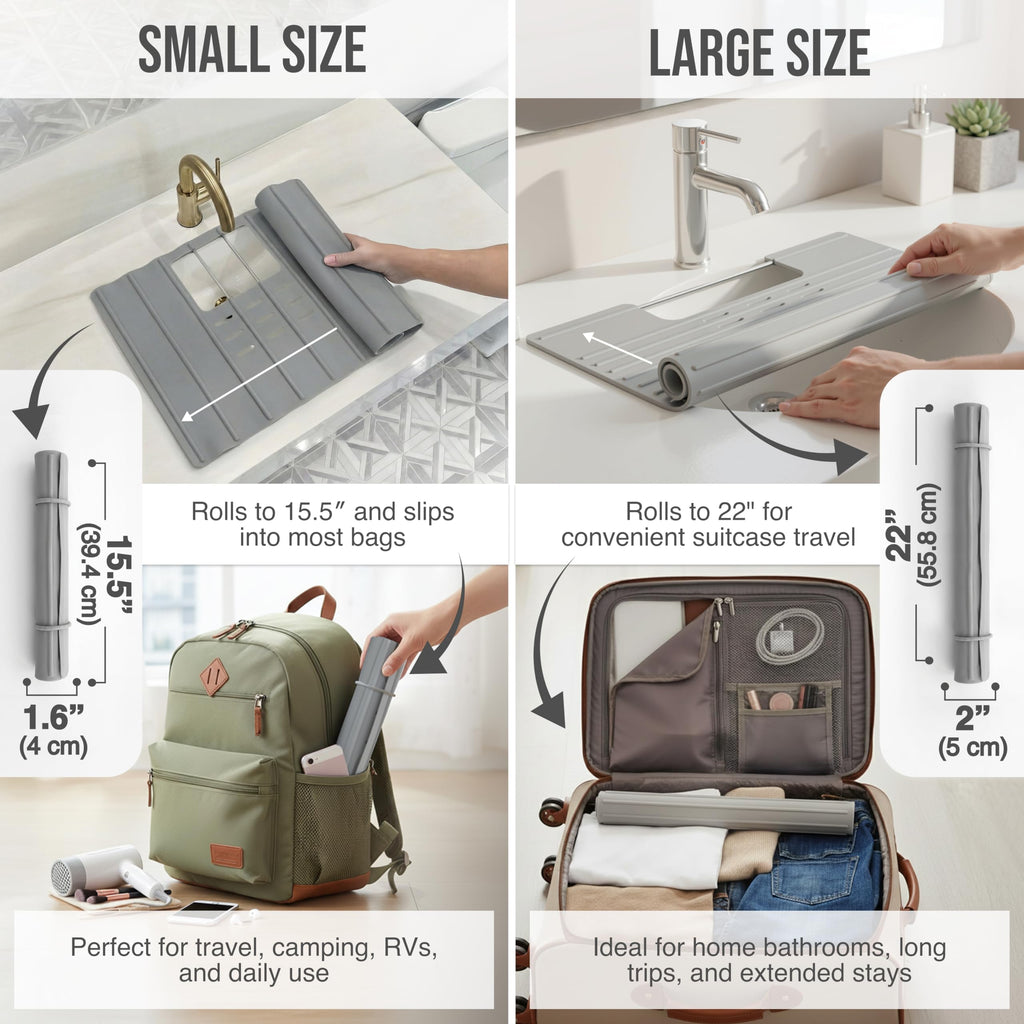 Maplefield Travel Size Bathroom Sink Cover for Counter Space - Foldable Silicone Sink Mat for Beauty Routine, Ideal for Small Bathroom, RVs, Camper Vans (Gray Small, 19.5 x 15.5 x 1.6 Inches)