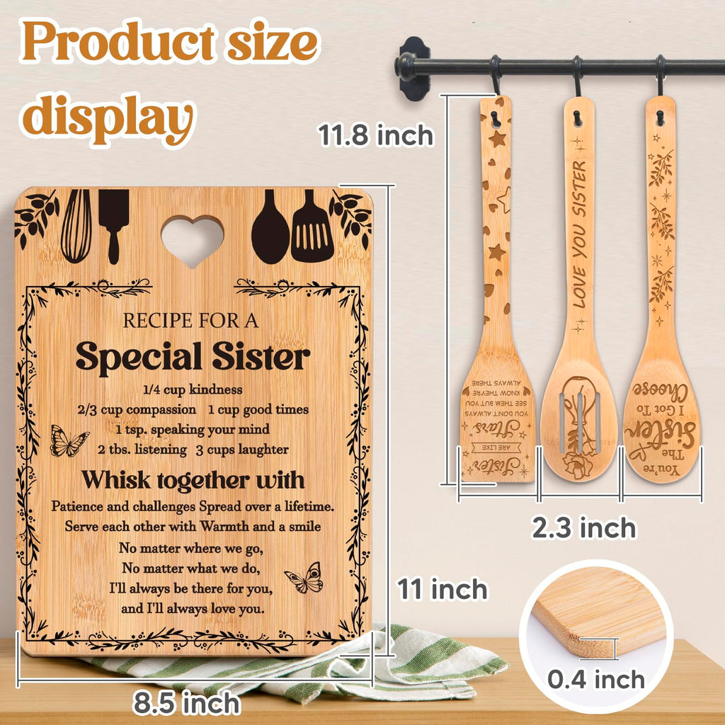 Sister Birthday Gifts from Sister - "Recipe for a Special Sister" Sister Birthday Gifts Cutting Board Set, Bamboo-Made Engraved Utensil Set Christmas/Birthday Day Gifts for Sister Adult