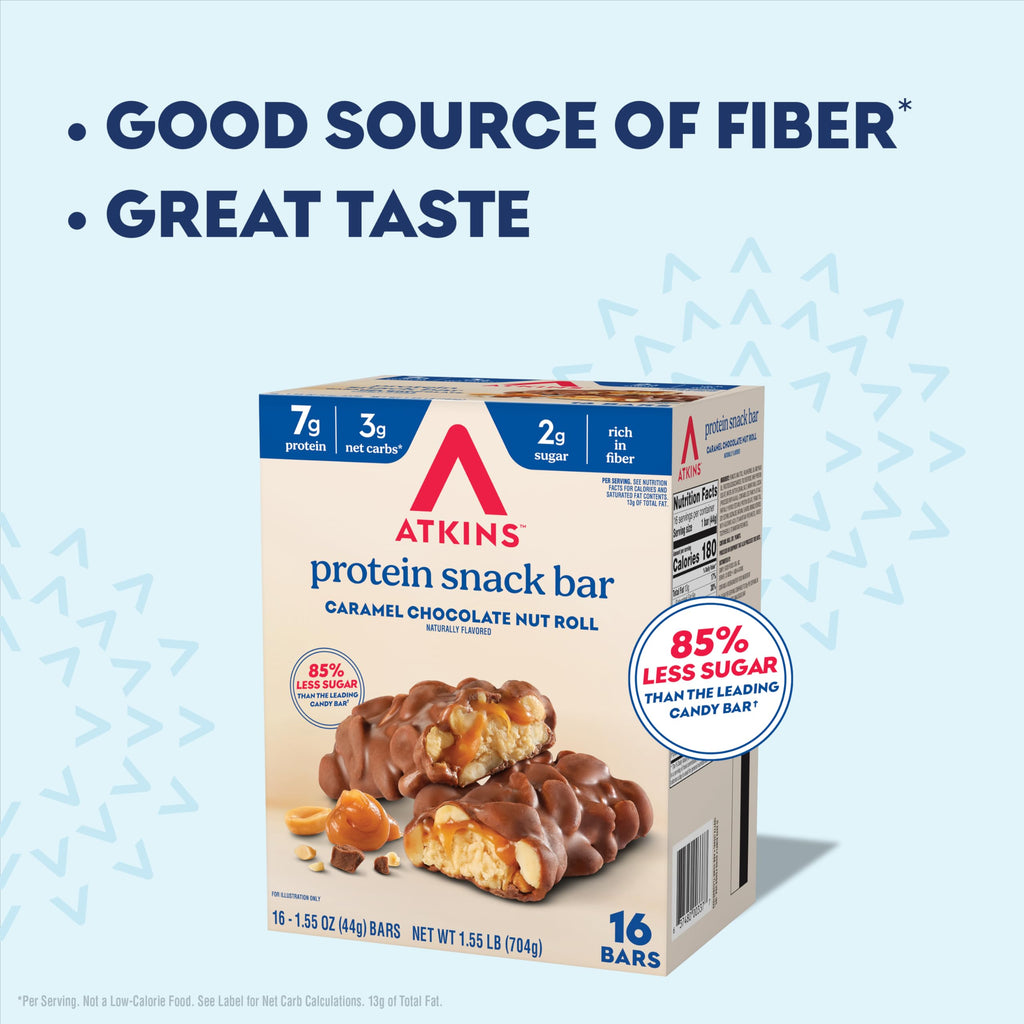 Atkins Caramel Chocolate Nut Roll Snack Bar, Protein Snack , 7g Protein, 2g Sugar, High Fiber Snack, 16 Count