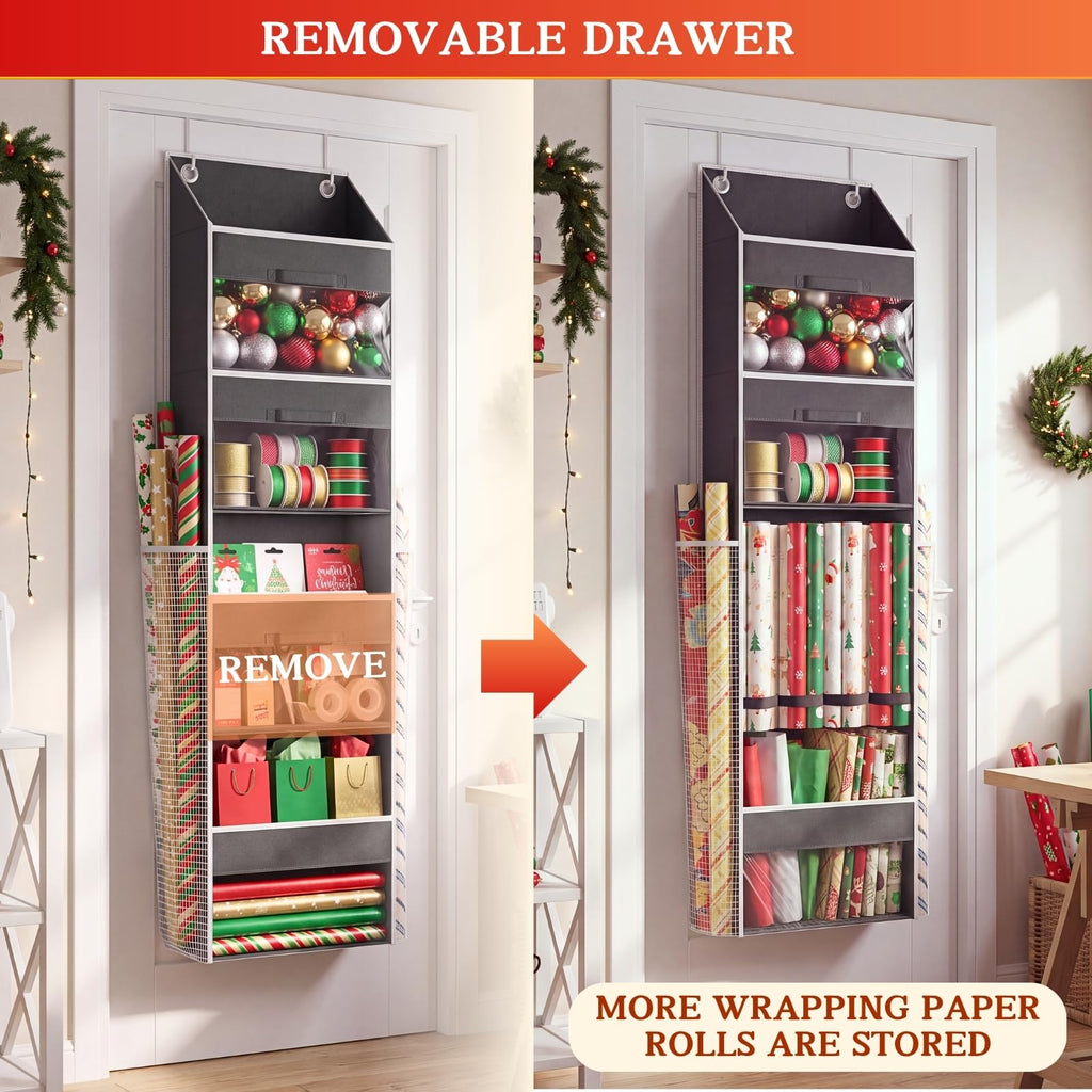 Over Door Wrapping Paper Organizer Storage with 3 Removable Drawers & Side Pockets – Dual Use Design with Elastic Straps – Christmas Gift Wrap Storage for Ribbons, Bows, Ornament and Other Tools 1Pack