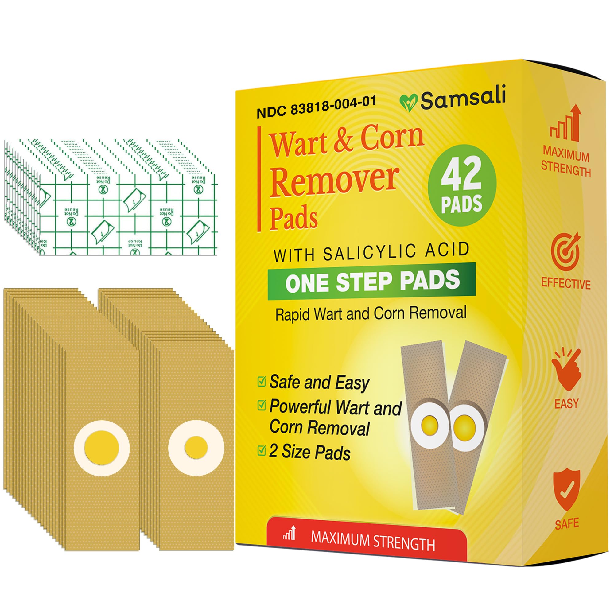 Samsali Wart Corn Remover Pads for Feet: 42 Pack Salicylic Acid Extra Strength Bandages for Plantar Warts Corns Small Callus on Feet Hands Toes - Safe Effective Treatment for Adults Teens
