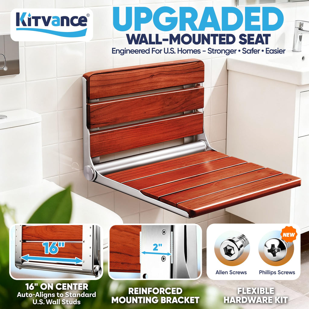 [Upgraded Version] 20" ADA Compliant Folding Teak Shower Seat Wall Mounted - Larger Teak Shower Bench, Home Care Folding Shower Seat for Inside Shower, Wall Mount Shower Chair Shower Stool, Max 400lb