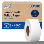 Scott Professional High-Capacity Jumbo Roll Toilet Paper, Bulk (03148), 2-Ply, Septic Safe, White, Non-Perforated, Compact for Easy Storage (4 Rolls at 1,000' Each, 4,000'/Case)