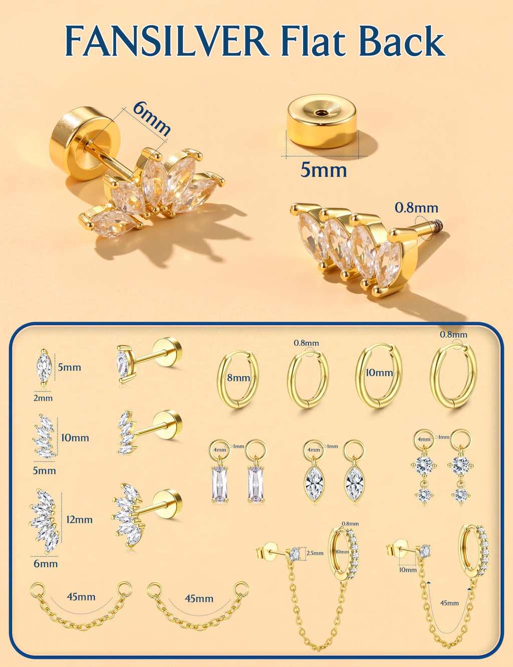 10 Pairs Gold Earring Stacks - Hypoallergenic Flat Back Stud & Hoop Set