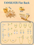 10 Pairs Gold Earring Stacks - Hypoallergenic Flat Back Stud & Hoop Set