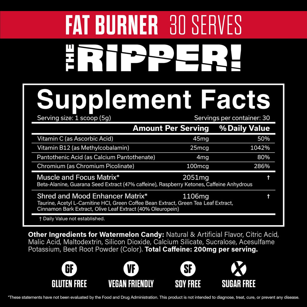 JNX SPORTS The Ripper! Fat Burner Pre Workout for Men & Women – Thermogenic Fat Burning Powder & Appetite Suppressant, Boost Energy & Endurance – Watermelon Candy, 30 Servings