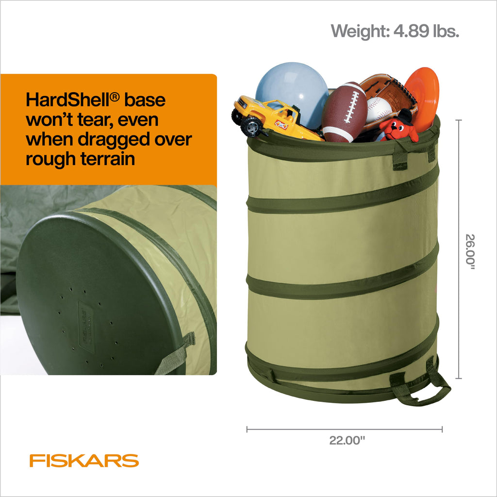 Fiskars Kangaroo Collapsible Garden Bag with Heavy Duty Hardshell Bottom for Leaf and Yard Waste, 30-Gallon Reusable Container for Lawn Care and Gardening