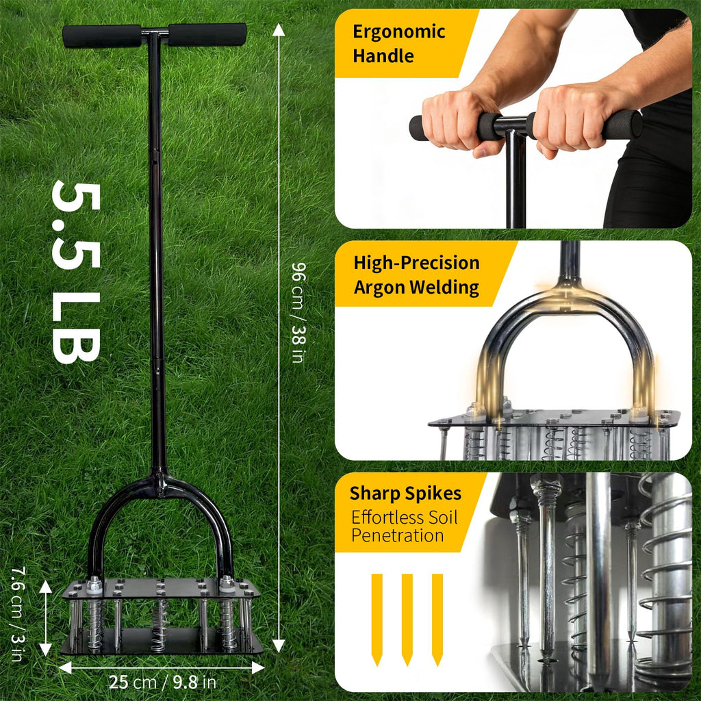 Uojim Lawn Aerator, 15x3 Solid Steel Tines for Efficient Aeration, Dual-Spring Auto-Clean to Prevent Clogging, 38" Ergonomic T-Handle & Wide Foot Pedal Used for Courtyard,Garden,Patio