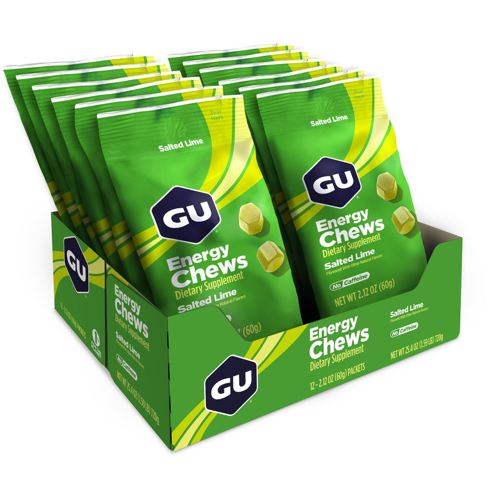 GU Energy Chews, Salted Lime Energy Gummies with Electrolytes, Vegan, Gluten-Free, Kosher, Caffeine-Free, and Dairy-Free On-The-Go Energy for Any Workout, 12 Bags (24 Servings Total)