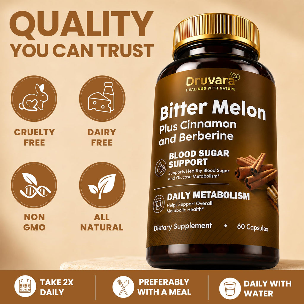 Druvara Bitter Melon Capsules with Berberine & Cinnamon, Sugar Balance, Metabolic Health & Steady Energy, with Extra Strength Bitter Melon Extract, Clean Formula, 60 Capsules