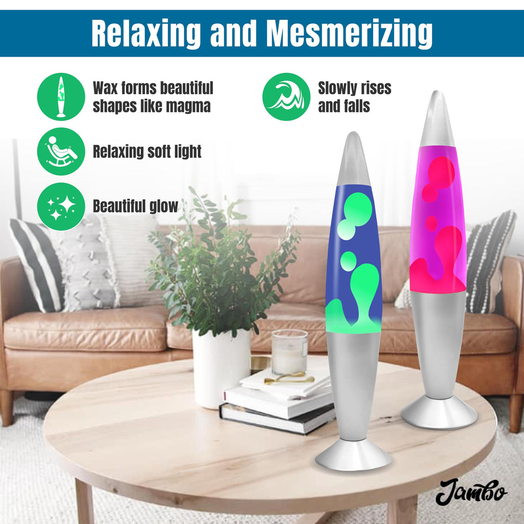 JAMBO 2 Pack- 16" Beautiful Lamp- Blue with Yellow/Green Wax and Purple with Pink Wax, Relaxing Liquid Lamp, Night Light Nightlight, Lamps for Adults Teens Kid