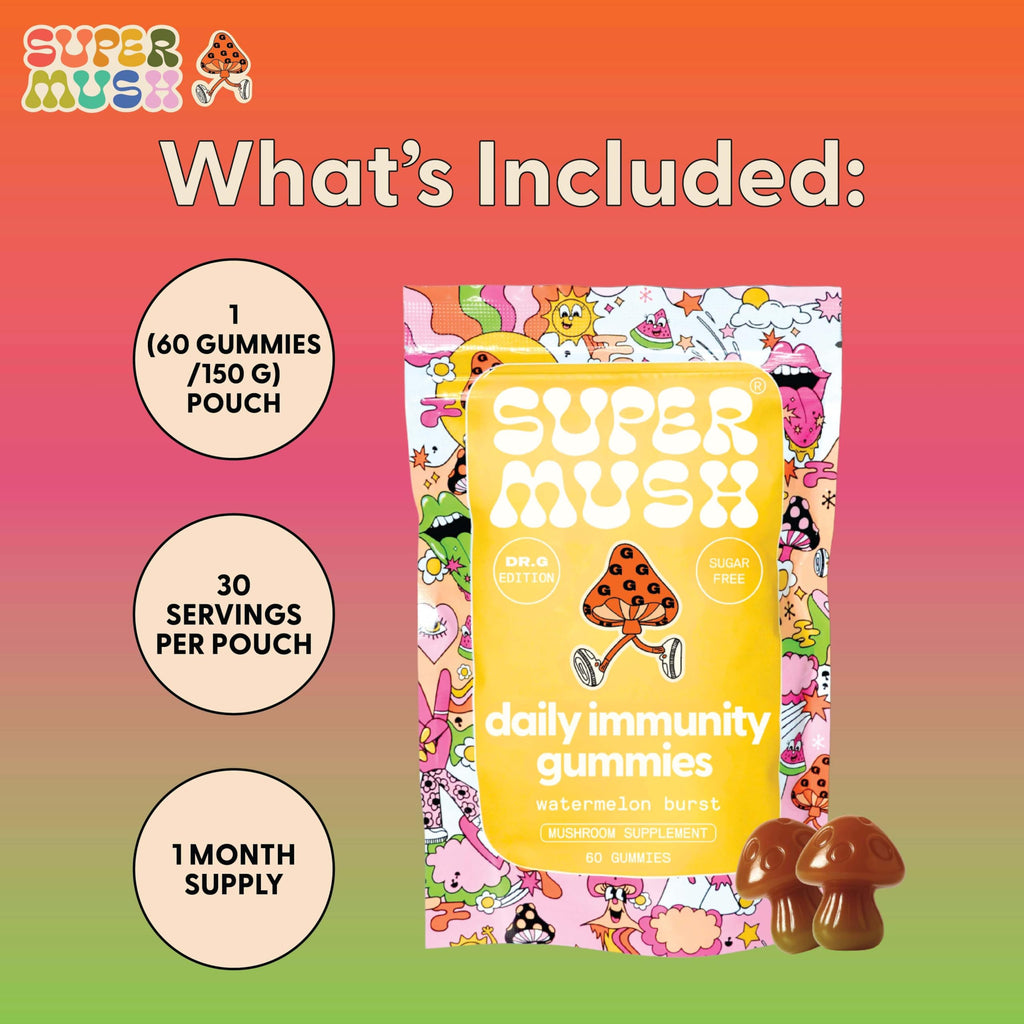 SuperMush Dr. G Daily Greens Gummies - Lion’s Mane, Spirulina, Chlorella, Ashwagandha, Prebiotics & Vitamins C, D, Zinc - Sugar Free Greens Gummies for Immunity, Gut Health & Radiance - Vegan 60 Ct
