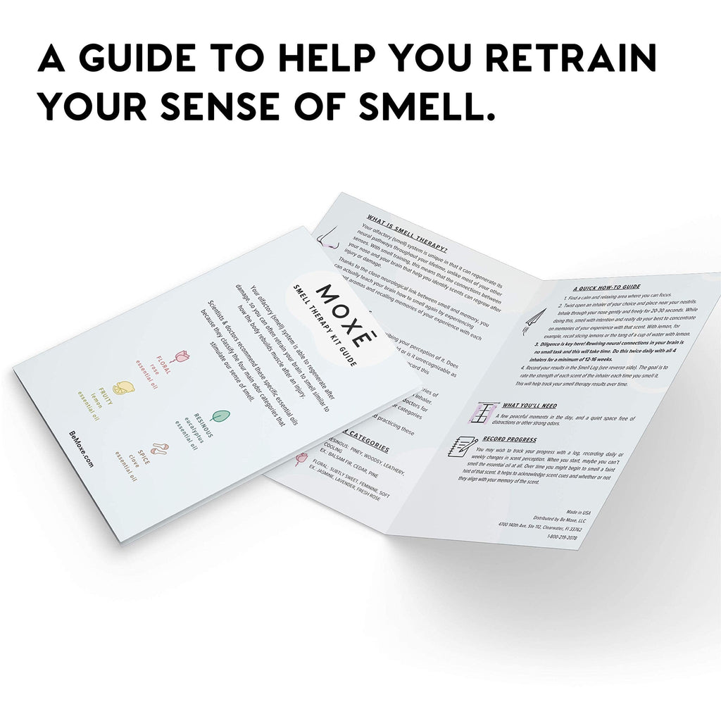 MOXĒ Smell Training Kit, Made in USA, 4 Essential Oils, Olfactory Regeneration, Helps Restore Sense of Smell, Natural Therapy for Smell Loss, Lemon, Rose, Clove, Eucalyptus, Guidebook, Personal Log
