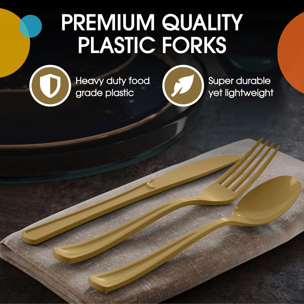 Party Solids Gold Plastic Silverware Heavy Duty 150 Pieces Gold Disposable Silverware Heavy Duty, Utensil Sets, 50 Of Each Forks, Knives & Spoons Disposable Cutlery Set For Party Supplies