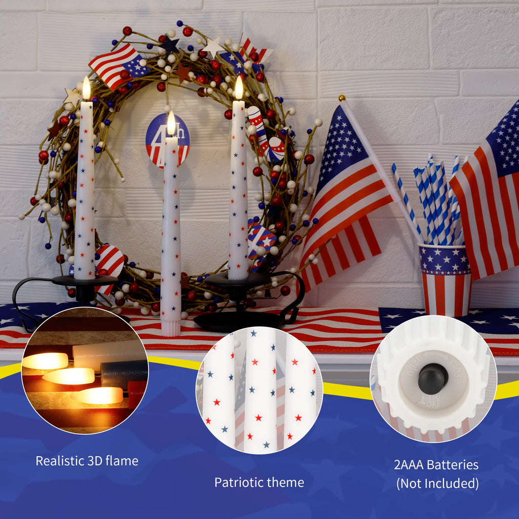 4th of July Candles, Flameless Taper Candles with Remote, 9.6" Red White and Blue Star Candles, Real Wax Flickering Independence Flameless Candles, Patriotic Candles, Battery Candles, Set of 3