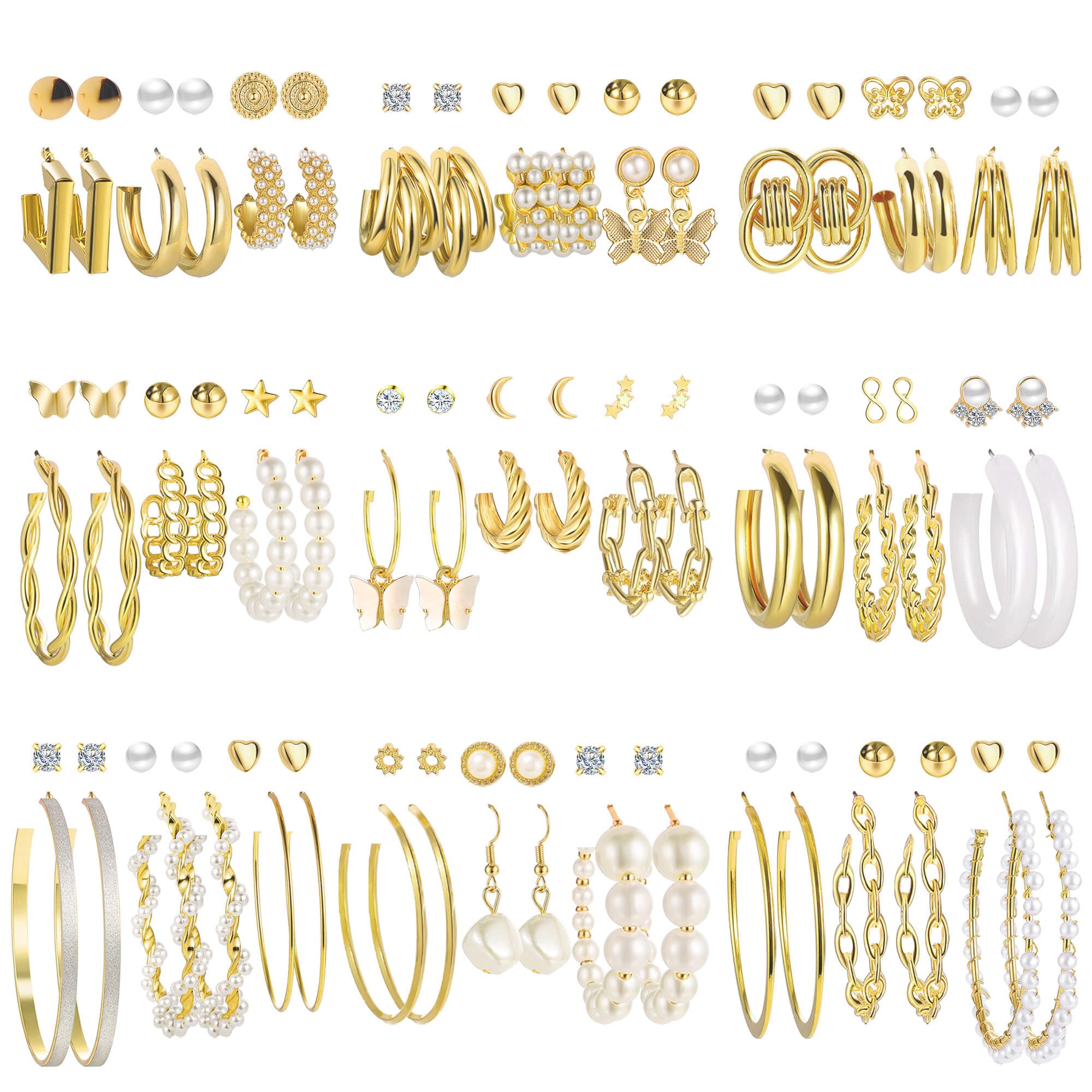 54 Pairs Gold Hoop Earrings Set for Women Multipack, Boho Fashion Statement Stud Hoop Earring Pack Butterfly Shaped Assorted Small Big Earrings for Jewelry Gift