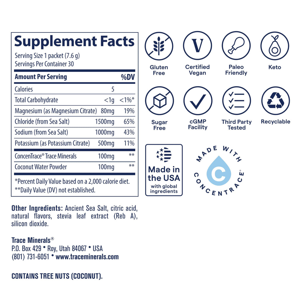 Trace Minerals ZEROLyte Salty Orange Sugar Free Electrolyte Powder Packets 30-Pack — Zero Sugar Hydration Drink Mix — Ancient Sea Salt — Replenishes Electrolytes Lost Through Exercise