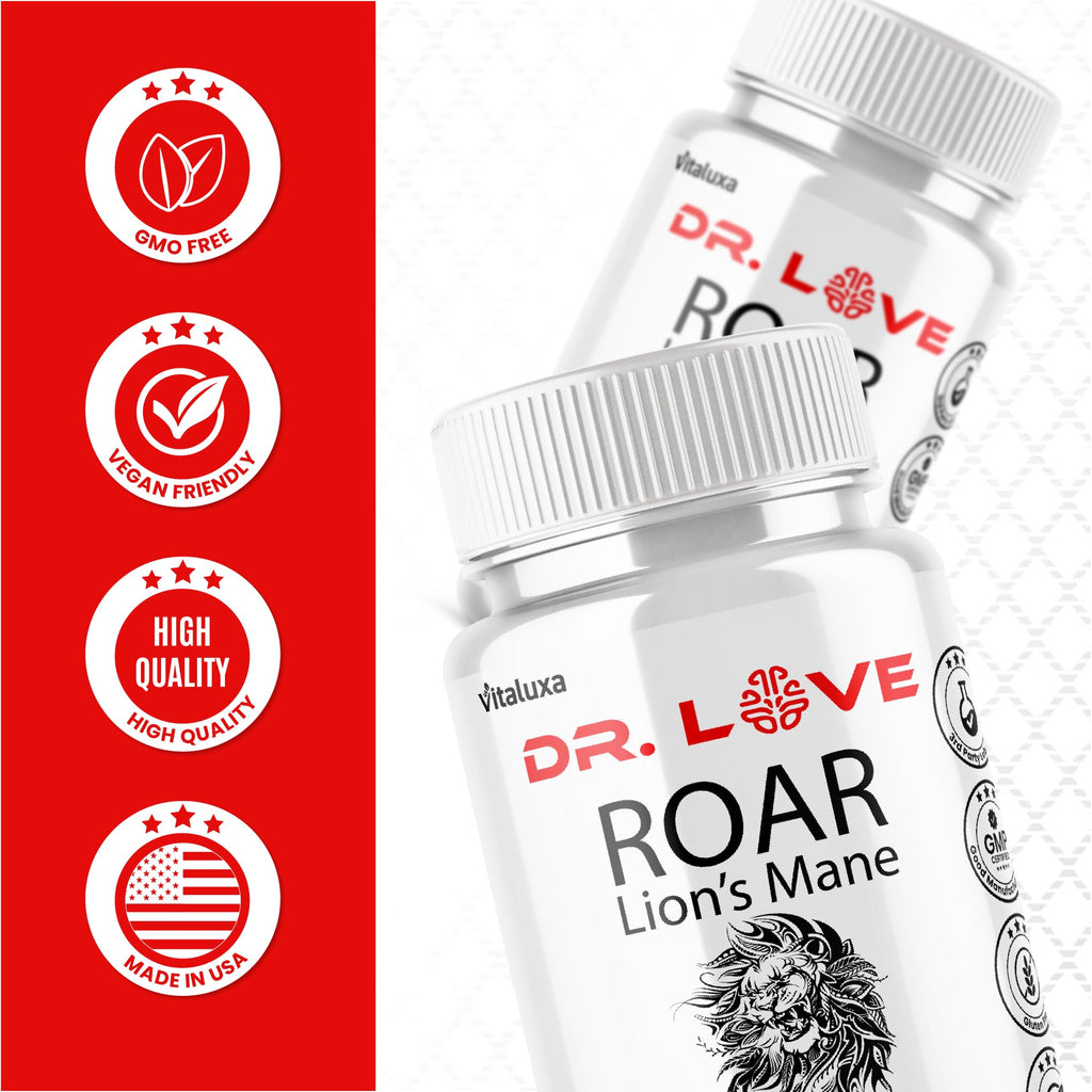 Dr. Love Roar Lions Mane Supplement Capsules, Dr.Love Roar Lion’s Mane Plus Pills Brain and Focus Premium Advanced Official Formula, Doctor Love All Natural Support Pills, Made in USA (60 Capsules)