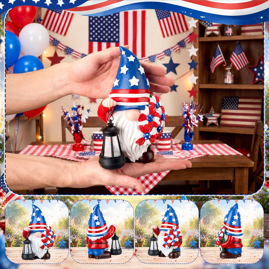 Capoda Solar Patriotic Gnome Statue 8" Garden Resin Gnome Figurine Holding Lantern with Solar LED Lights Decorations for Table 4th of July Independence Day Outdoor Yard Patio Lawn Decor