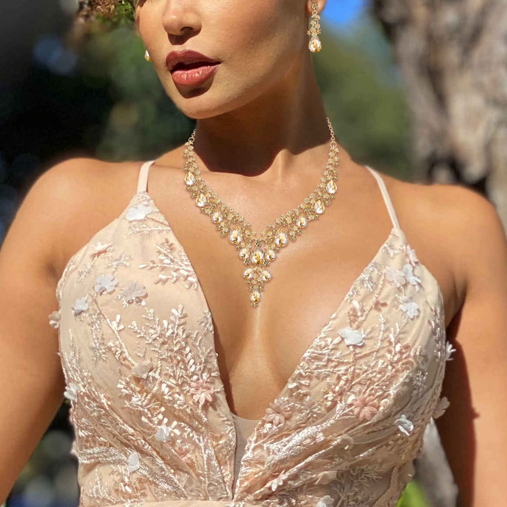 BriLove Wedding Bridal Necklace Earrings Jewelry Set for Women Champagne