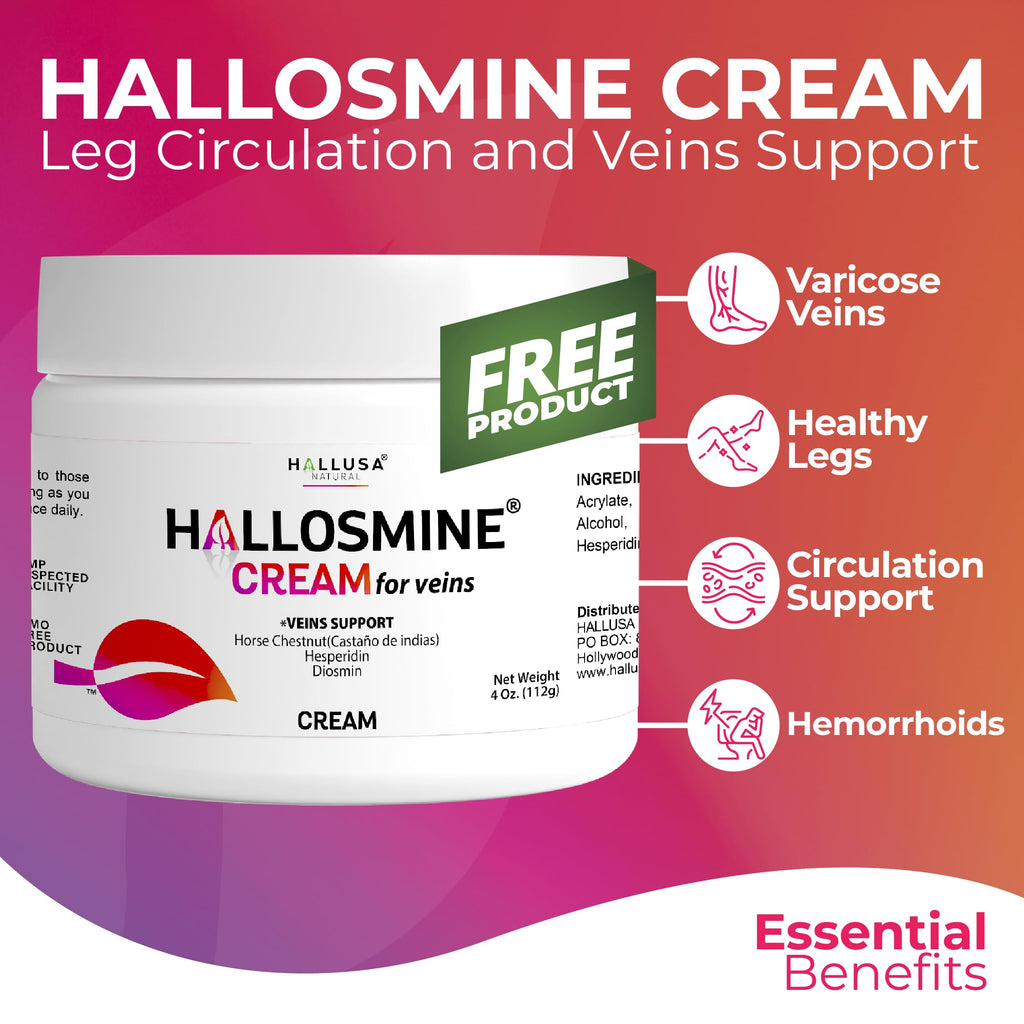 Hallosmine Xtra Circulation & Vein Support, Diosmin, Horse Chesnut & Hesperidin 850mg + FREE Leg Cream | Leg Circulation, Varicose Veins, Spider Veins, Hemorrhoids, Blood Flow, 60 capsules