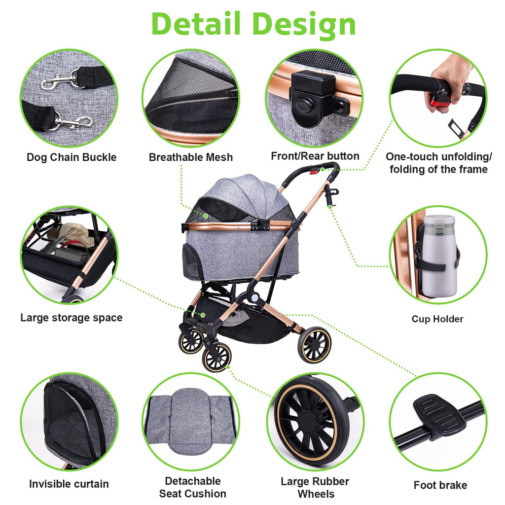 LENSEMUS Dog Stroller for Max 45 lbs Dogs - 3 in 1 Pet Stroller with Detachable Storage Basket 4 All-Terrain Rubber Wheels Pull Rod Durable Travel Carrier for Medium Dogs 2 Small Cats (Grey)