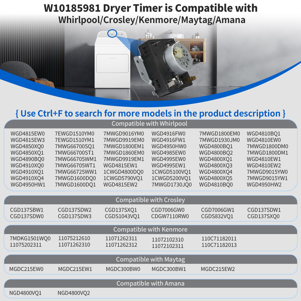 WGD4815EW2 MGDC215EW2 MGDC300BW1 WGD4800XQ4 WGD4800BQ2 W10185981 Dryer Timer Compatible with Kenmore Maytag Crosley Whirlpool Dryer Timer 115VAC 60Hz, WPW10185981 Replacement 418-095-20-B5 W10185981 E