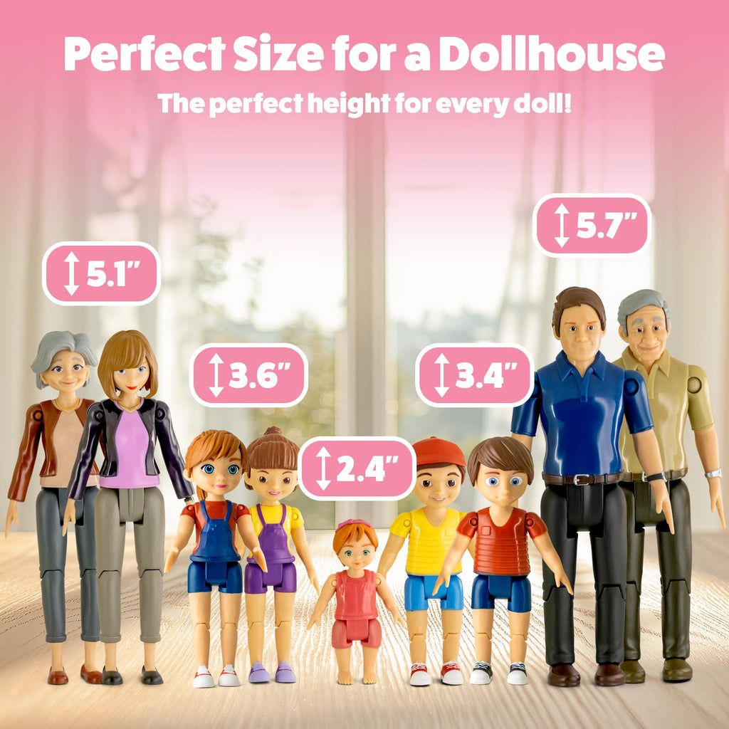 Dollhouse People, Bendable Dollhouse Family Set – 9 Poseable Figures Including Grandpa, Grandma, Mom, Dad, Sister, Brother, Cousins, and a Baby Girl – Perfect for Dollhouse Play and Imaginative Fun