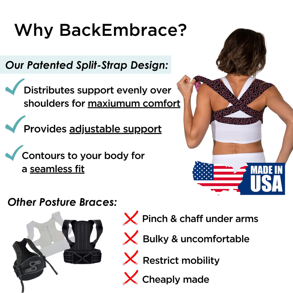 BackEmbrace Posture Corrector for Women and Men - Made in USA - Slim and Adjustable Shoulder Brace - Back Brace for Back Pain Relief - Pink Pebble XL