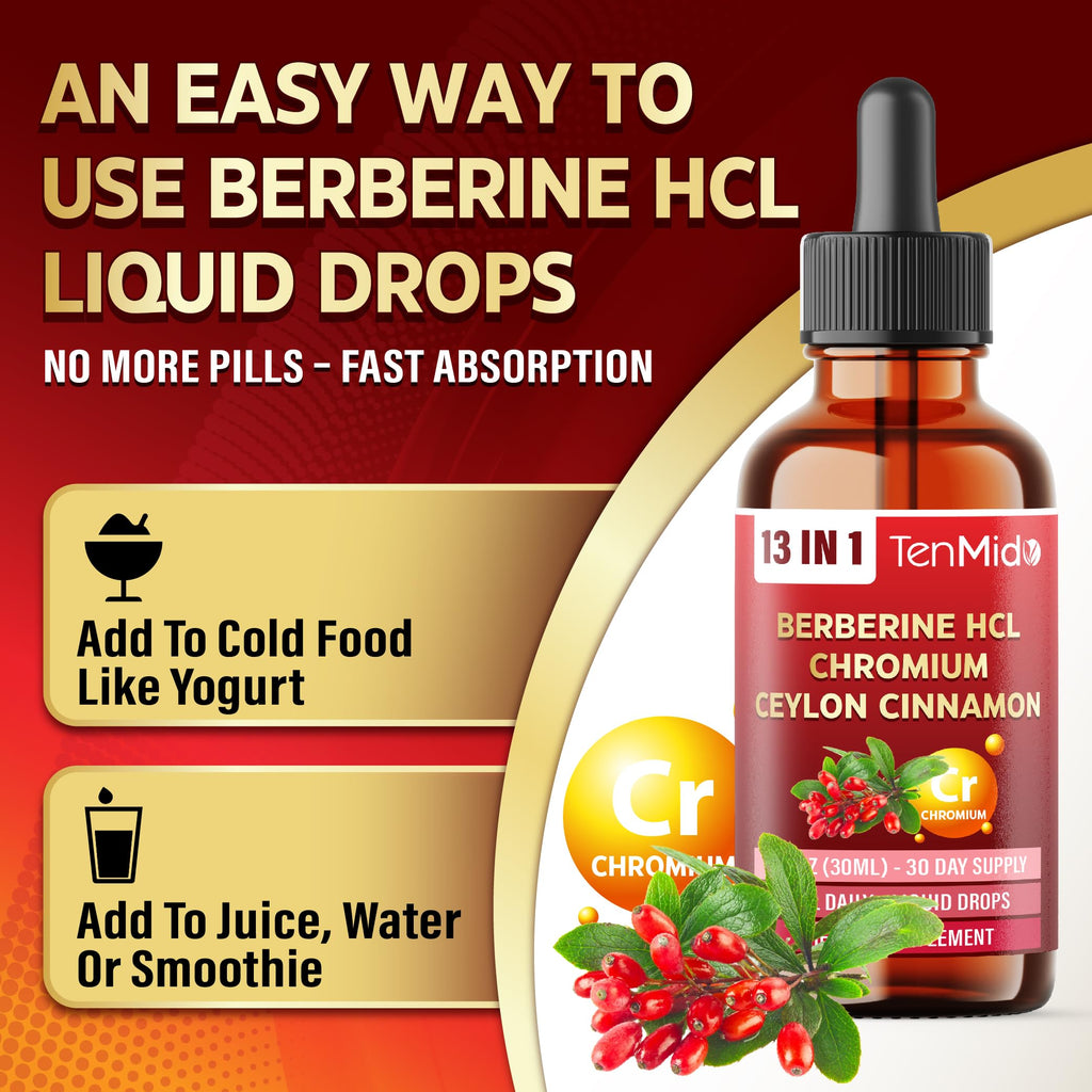 Tenmido 13in1 Berberine Liquid Drops with Chromium, Ceylon Cinnamon, Bitter Melon, Turmeric, Green Tea, Ginseng, Sylvestre, Moringa, Apple Cider Vinegar & More - 30 Days Supply - 1FL Oz