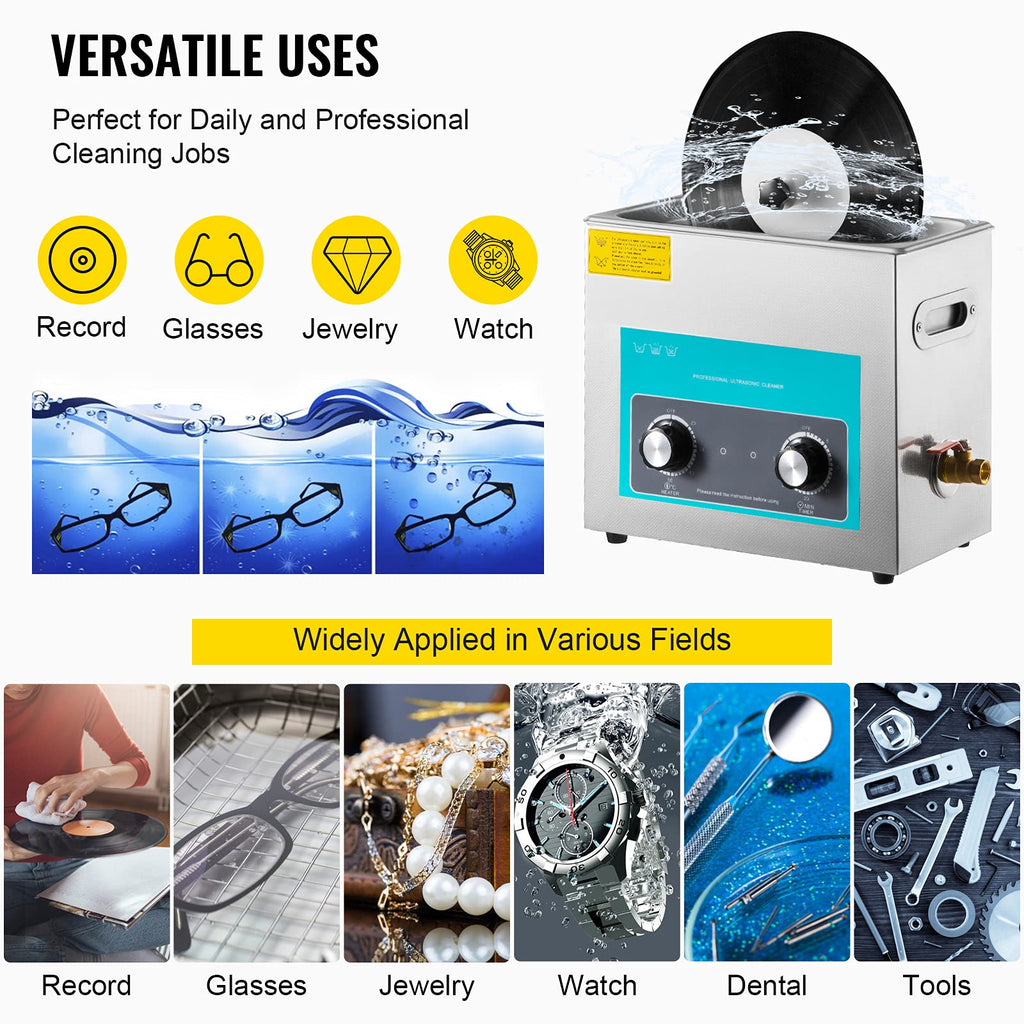 VEVOR Ultrasonic Vinyl Record Cleaner 6L 40kHz Vinyl Ultrasonic Cleaning Machine Knob Control Record Ultrasonic Cleaner 4 Records Vinyl Sonic Cleaner Stainless Steel Tank w/Mechanical Heater & Timer