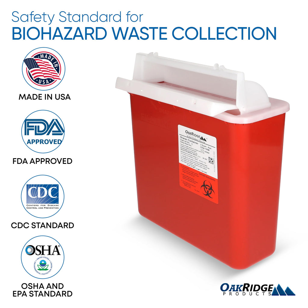 Oakridge Products Sharps Container for Home Use and Professional 5 Quart (5-Pack), Biohazard Needle and Syringe Disposal, Mailbox Style Lid, CDC Certified