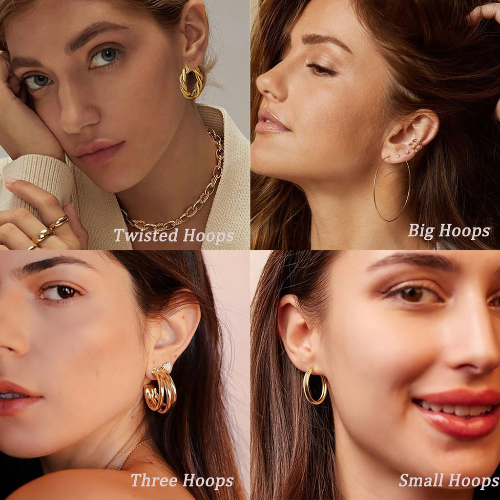 36 Pairs Gold Hoop Earrings Set for Women, Fashion Hypoallergenic Chunky Twisted Pearl Stud Earrings Multipack, Small Big Hoops Earring Packs Trendy for Christmas Birthday Party Jewelry Gift