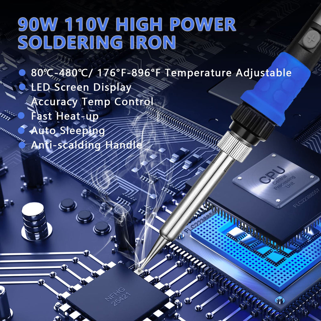 Soldering Iron Kit, 90W LED Digital Solder Iron Kit with Ceramic Heater, 110V Welding Tools with Smart Temperature Control, Auto Sleep, Temp Calibration, C/F, Accurate 176℉-896℉
