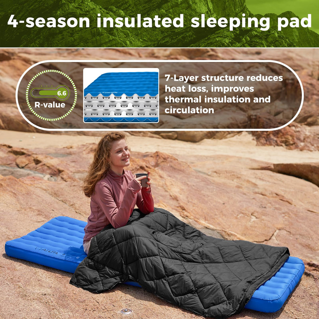 ATEPA ThermAir Pro Backpacking Sleeping Pad, 6.6 R-Value Insulated Ultralight Inflatable Sleeping Pad Folding Camping Pad with 7 Layers & Storage Bag for Camping Backpacking, Wide Long Size (78"x27")