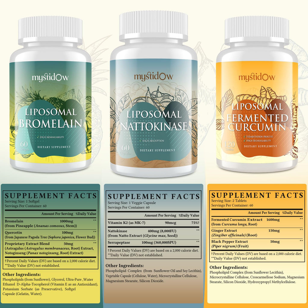 Spike Support Trio | Liposomal Nattokinase 8000 FU 500mg, Bromelain 1150 mg & Fermented Curcumin 1800 mg | High Potency, Enhanced Absorption Formula | for Immune, Heart & Circulatory| 60 Servings
