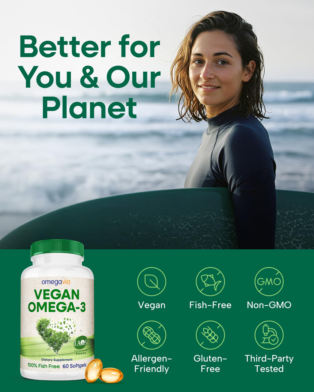 OmegaVia Vegan Omega 3 Supplement, Algae Omega 3 Fish Oil Alternative, 300mg Vegan DHA Fatty Acids, Plant Based, Planet and Ocean Friendly, IAOS 5 Star Tested, 60 Softgels