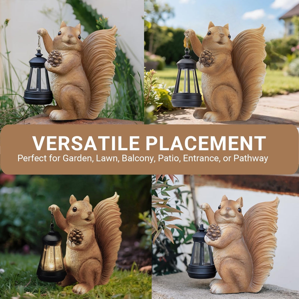 Elegondrar Solar Squirrel Garden Statue Outdoor Decor, Brown, Resin
