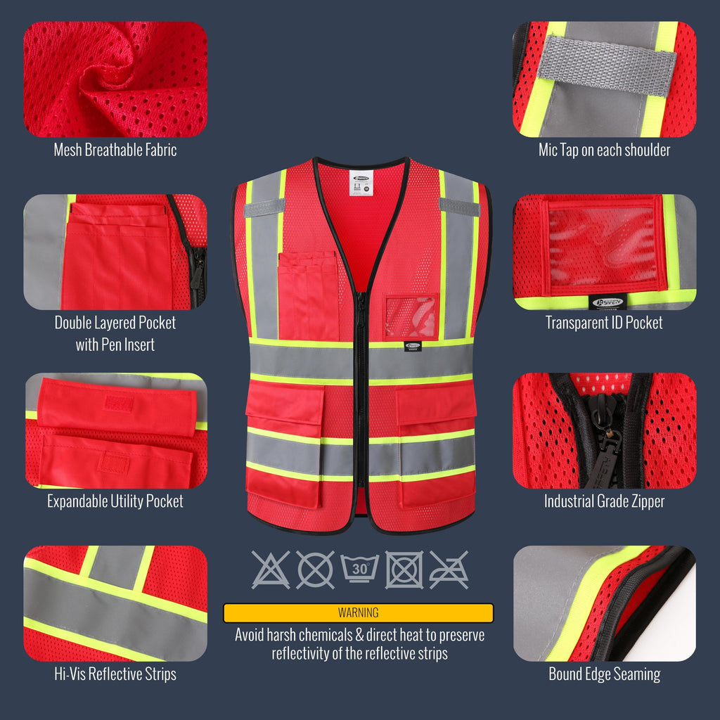JKSafety Safety Vest for Men Women Hi Vis Vest with Pockets and Zipper Front Reflective High Visibility Vests Meet ANSI Standard Red Color Extended Yellow Strips (BX320-Red 3XL) 1 Piece