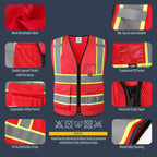JKSafety Safety Vest for Men Women Hi Vis Vest with Pockets and Zipper Front Reflective High Visibility Vests Meet ANSI Standard Red Color Extended Yellow Strips (BX320-Red 3XL) 1 Piece