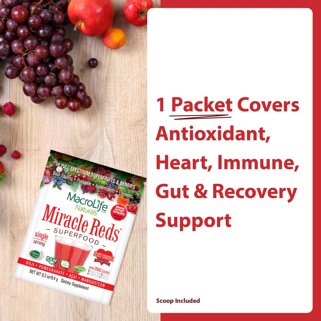 MacroLife Naturals Miracle Reds Superfood Powder 19 Blended Fruit & Berry Polyphenols Enzymes Probiotics & Antioxidants Supplement - Raw Non-GMO & Vegan Whole Food Vitamins - 12 Packet Servings