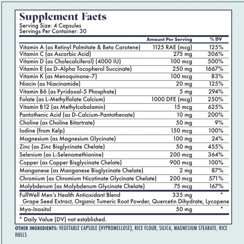 FullWell Men's Multivitamin - Daily Multivitamin for General & Reproductive Health - Supports Sperm Health & Hormone Balance - Fertility & Conception Support - Men's Prenatal - 120 Count (30 Servings)