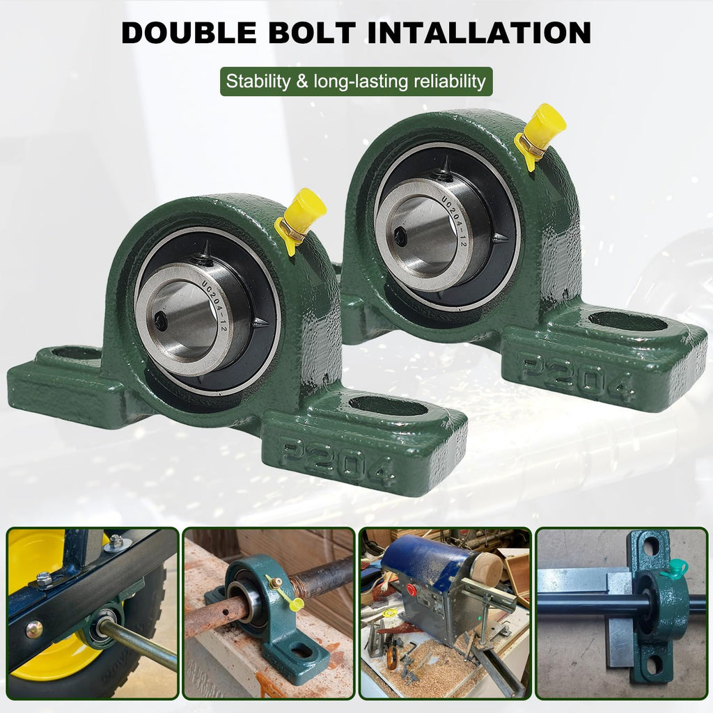 2 Pack UCP204-12 Pillow Block Mounted Ball Bearing - 3/4" Bore - Solid Cast Iron Base - Self Aligning