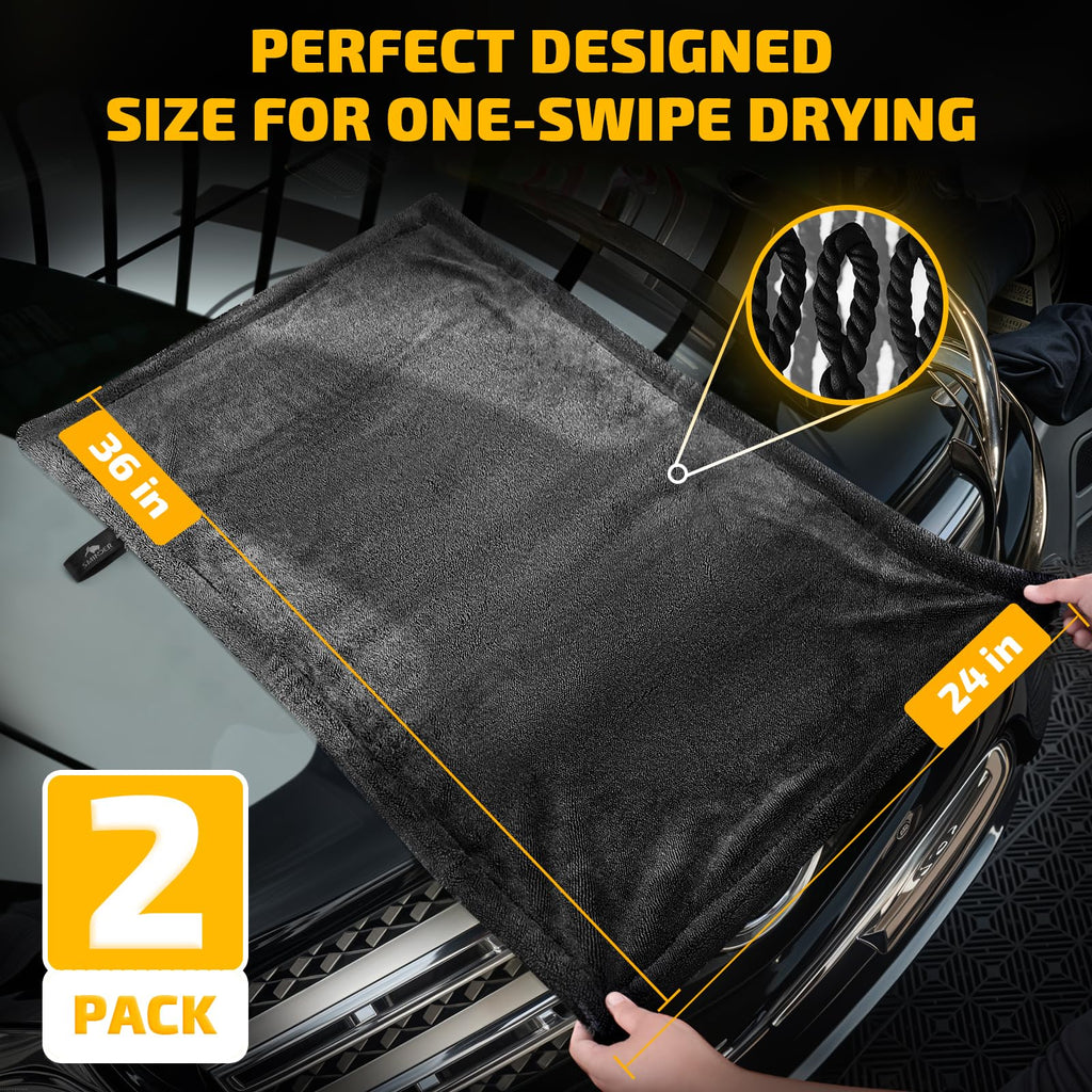 SMINDER 2-Pack 1200 GSM Car Drying Towels – Microfiber Towels for Cars (36" x 24"), Ultra-Absorbent, Streak-Free, Scratch-Free, No Water Spots, Double-Twist Pile & Edgeless Design