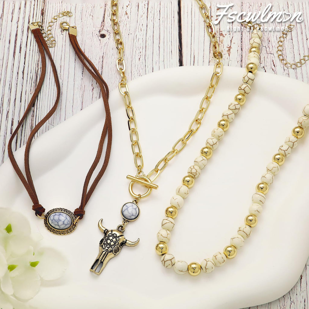 Fscwlmon 3 Pcs Layered Western Cowgirl Necklaces for Women Boho Turquoise Beaded Western Jewelry Rhinestone Cowboy Hat Boots Ox-Head Pendant Choker Paperclip Chain Cowboy Chic Country Accessory NTGJB