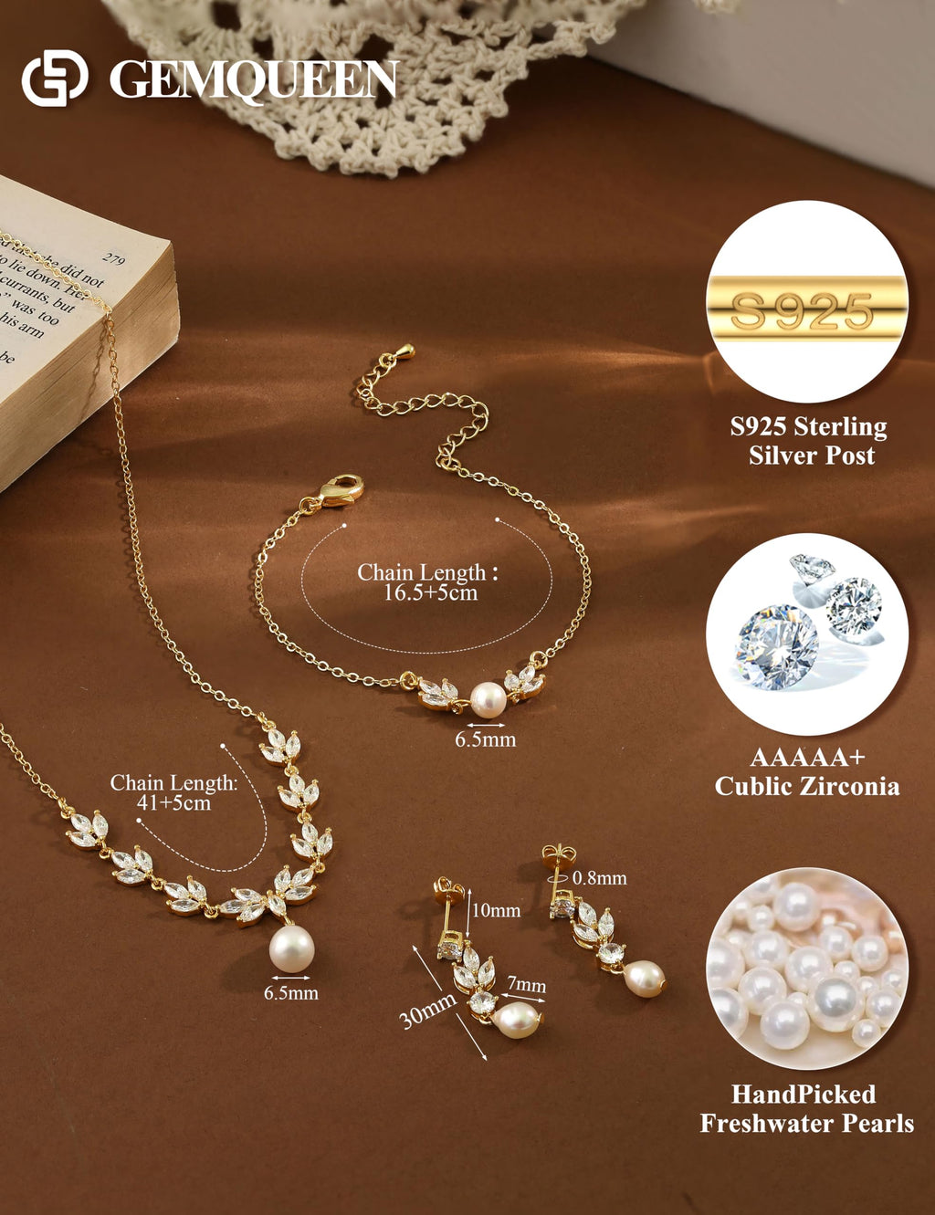 GEMQUEEN 14K Gold Plated Pearl Jewelry Set 925 Sterling SIlver Post