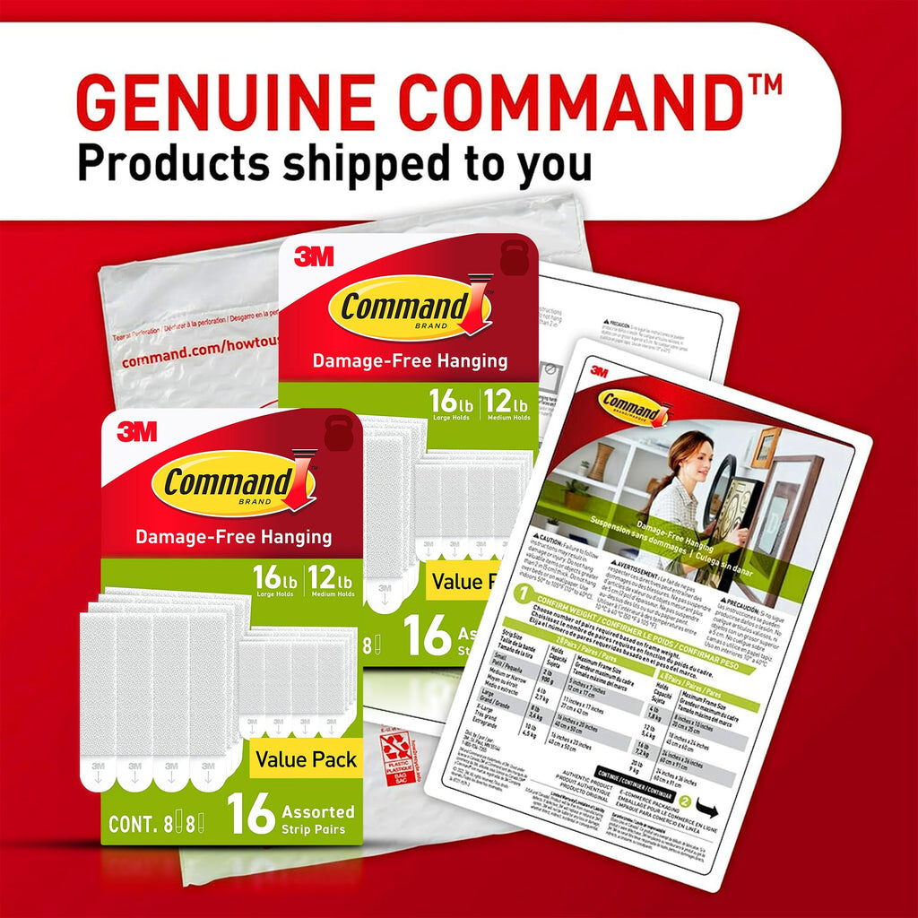 Command Medium and Large Picture Hanging Strips, Damage Free Hanging Picture Hangers, No Tools Wall Hanging Strips for Living Spaces, White, 16 Medium Pairs and 16 Large Pairs (64 Total)