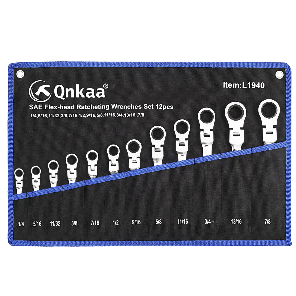 Qnkaa 12pcs Flexible Ratchet Wrenches Set SAE 1/4” to 7/8“ Inch Standard Spanners Gear Ring Ratcheting Combination Flexi Wrench Kit Flex Flexible Head